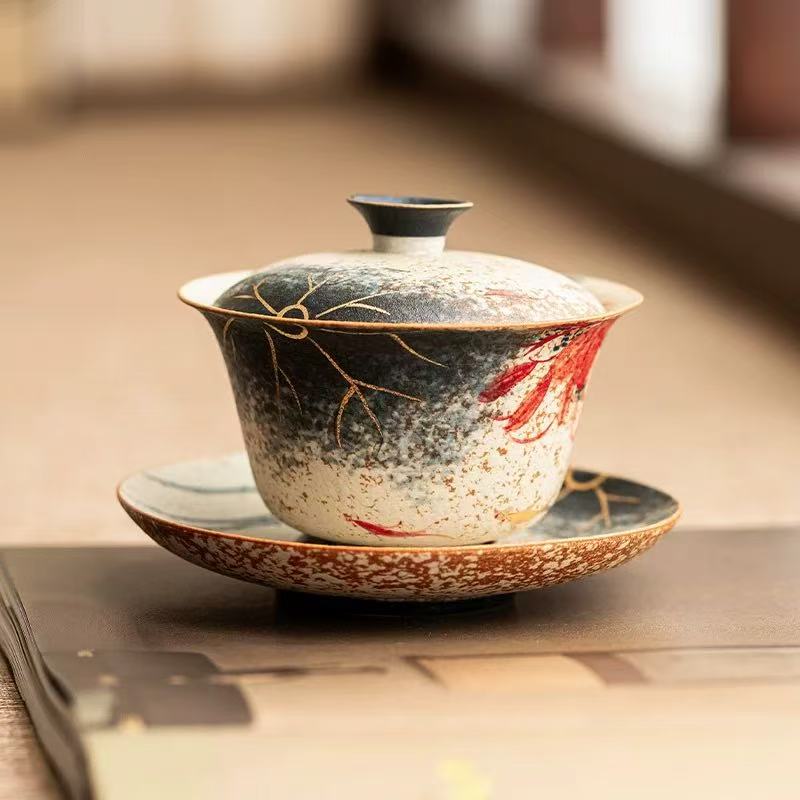 Blue & White “Lotus & Koi” Hand-Painted Ceramic Gaiwan – Gilded San Cai Tea Bowl Set