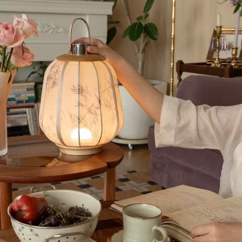 Mid-Century & New Chinese Style Fabric Table Lamp – Retro Bedside Atmosphere Lamp with Handles