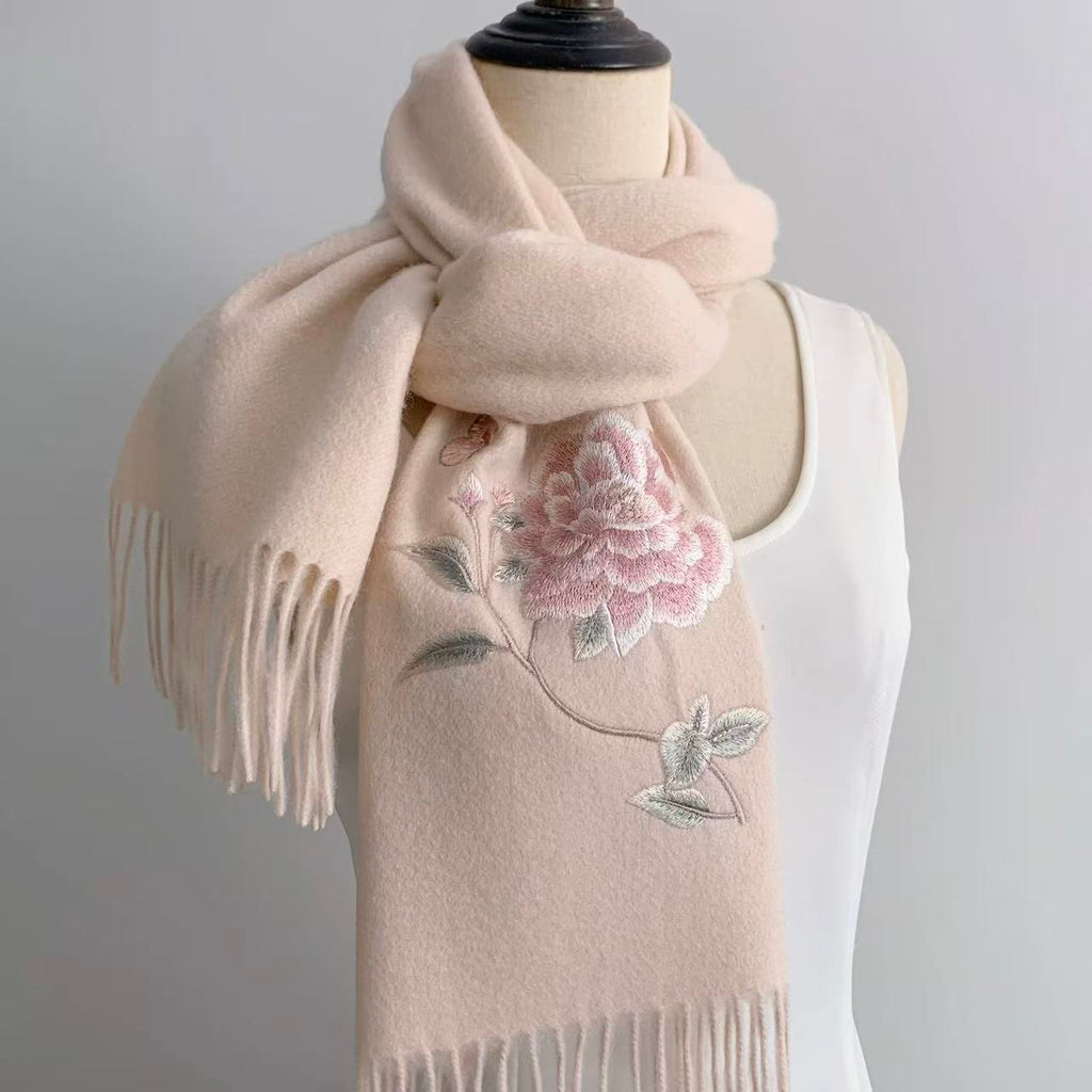 Elegant Peony & Butterfly Pure Cashmere Scarf – Luxury Gift for Mother