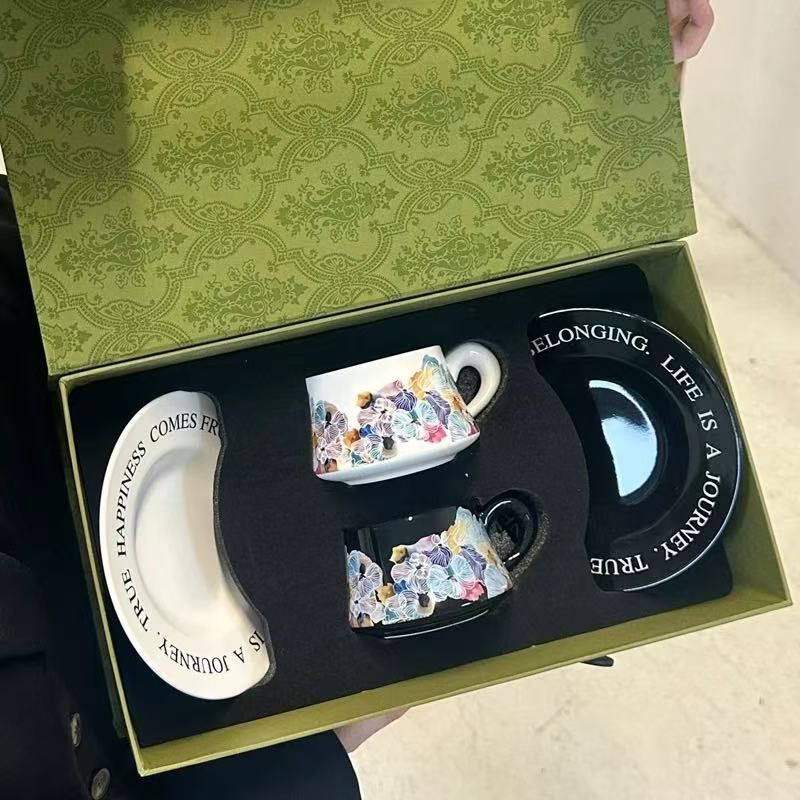 Hand-Painted Watercolor Coffee Cup & Saucer Set – Elegant Gift Box