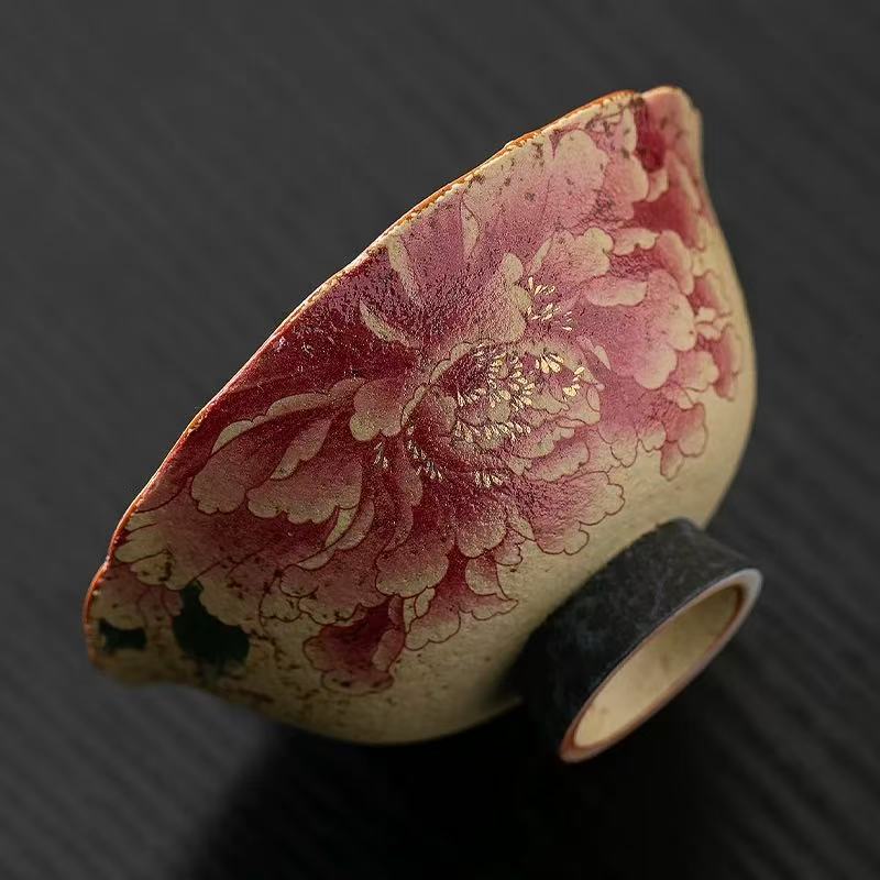 Iron-Red Glaze “Peony” Ceramic Master’s Cup – Wabi-Sabi Retro Small Tea Cup