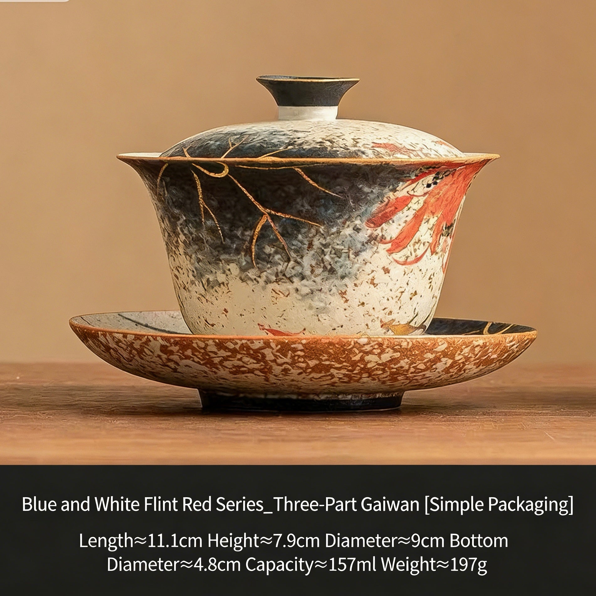 Blue & White “Lotus & Koi” Hand-Painted Ceramic Gaiwan – Gilded San Cai Tea Bowl Set