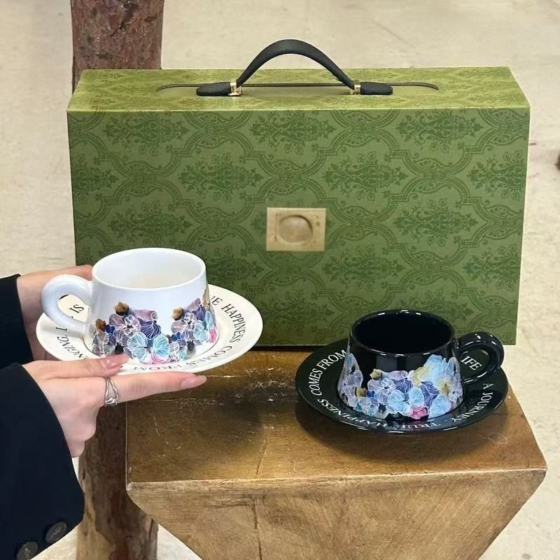 Hand-Painted Watercolor Coffee Cup & Saucer Set – Elegant Gift Box