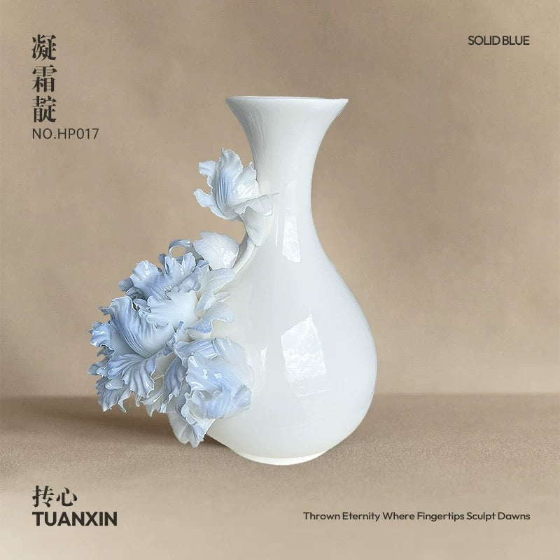 Artisan Handmade New Year Ceramic Vase – Light Blue Peony Hand-Pinched Flower Design | Traditional Chinese Craft Gift
