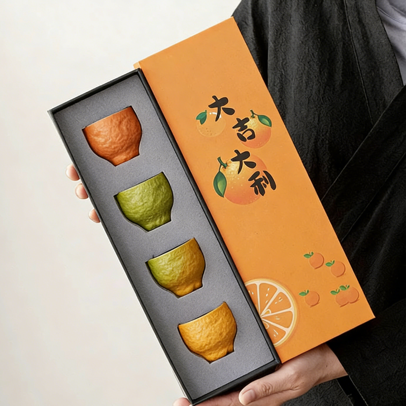 “Good Fortune” Mandarin Orange Ceramic Teacup – Premium Gift Box