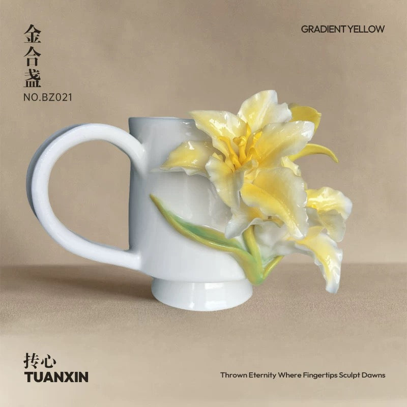 Artisan Hand-Pinched Lily Ceramic Mug – Cream Yellow (ICH) Craft Coffee Cup | Birthday/New Year Gift