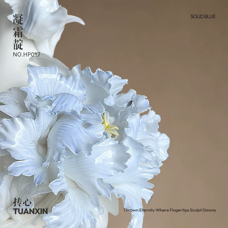 Artisan Handmade New Year Ceramic Vase – Light Blue Peony Hand-Pinched Flower Design | Traditional Chinese Craft Gift