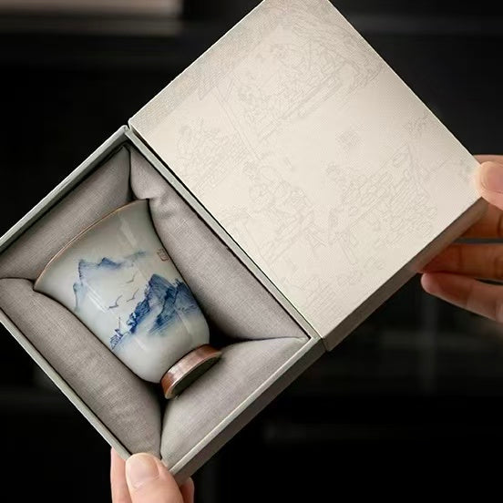 Blue and White Hand-Painted Ceramic Incense Smelling Cup – Retro Gongfu Tea Set & Gift Box