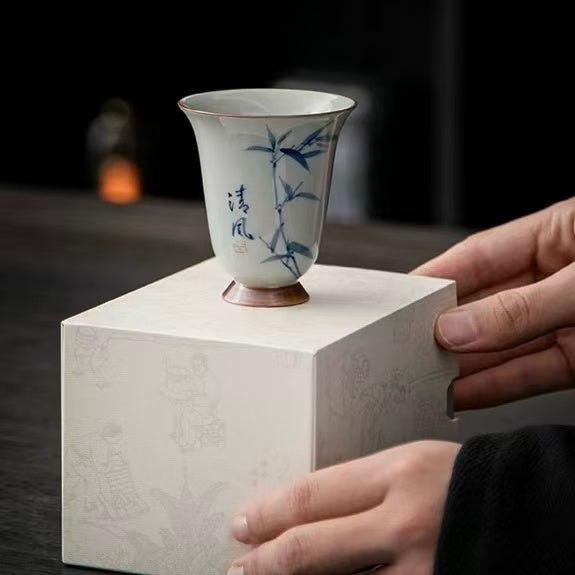 Blue and White Hand-Painted Ceramic Incense Smelling Cup – Retro Gongfu Tea Set & Gift Box