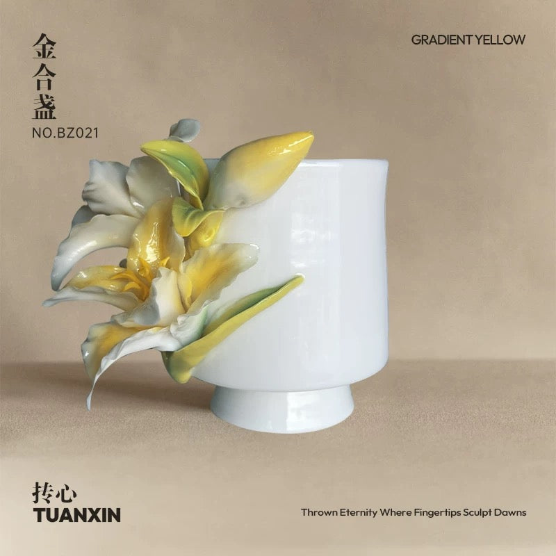 Artisan Hand-Pinched Lily Ceramic Mug – Cream Yellow (ICH) Craft Coffee Cup | Birthday/New Year Gift