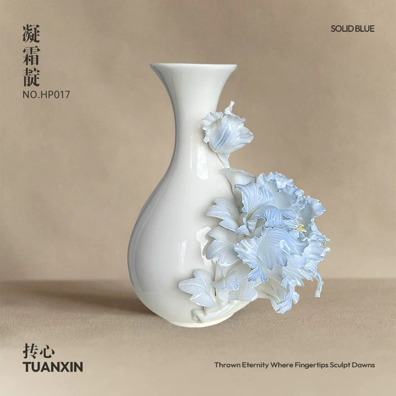 Artisan Handmade New Year Ceramic Vase – Light Blue Peony Hand-Pinched Flower Design | Traditional Chinese Craft Gift