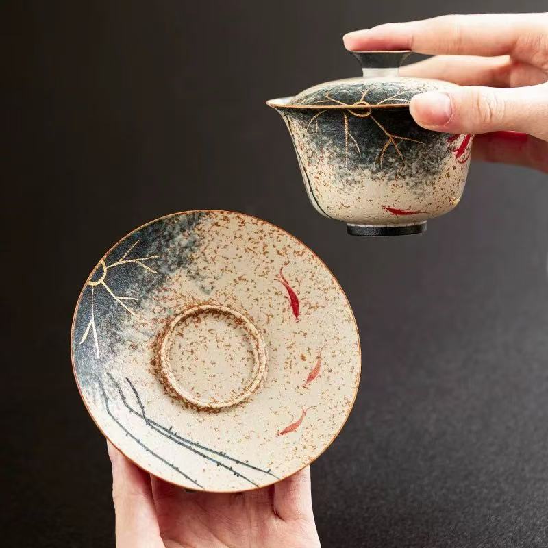 Blue & White “Lotus & Koi” Hand-Painted Ceramic Gaiwan – Gilded San Cai Tea Bowl Set