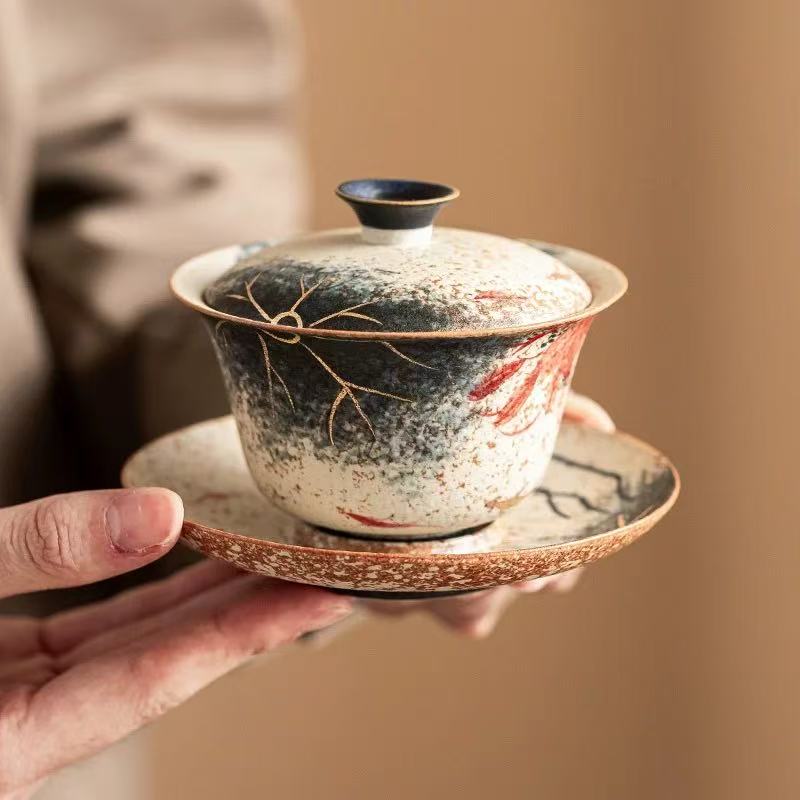 Blue & White “Lotus & Koi” Hand-Painted Ceramic Gaiwan – Gilded San Cai Tea Bowl Set