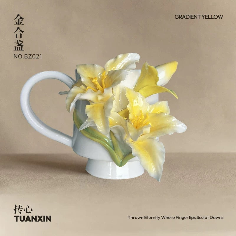 Artisan Hand-Pinched Lily Ceramic Mug – Cream Yellow (ICH) Craft Coffee Cup | Birthday/New Year Gift